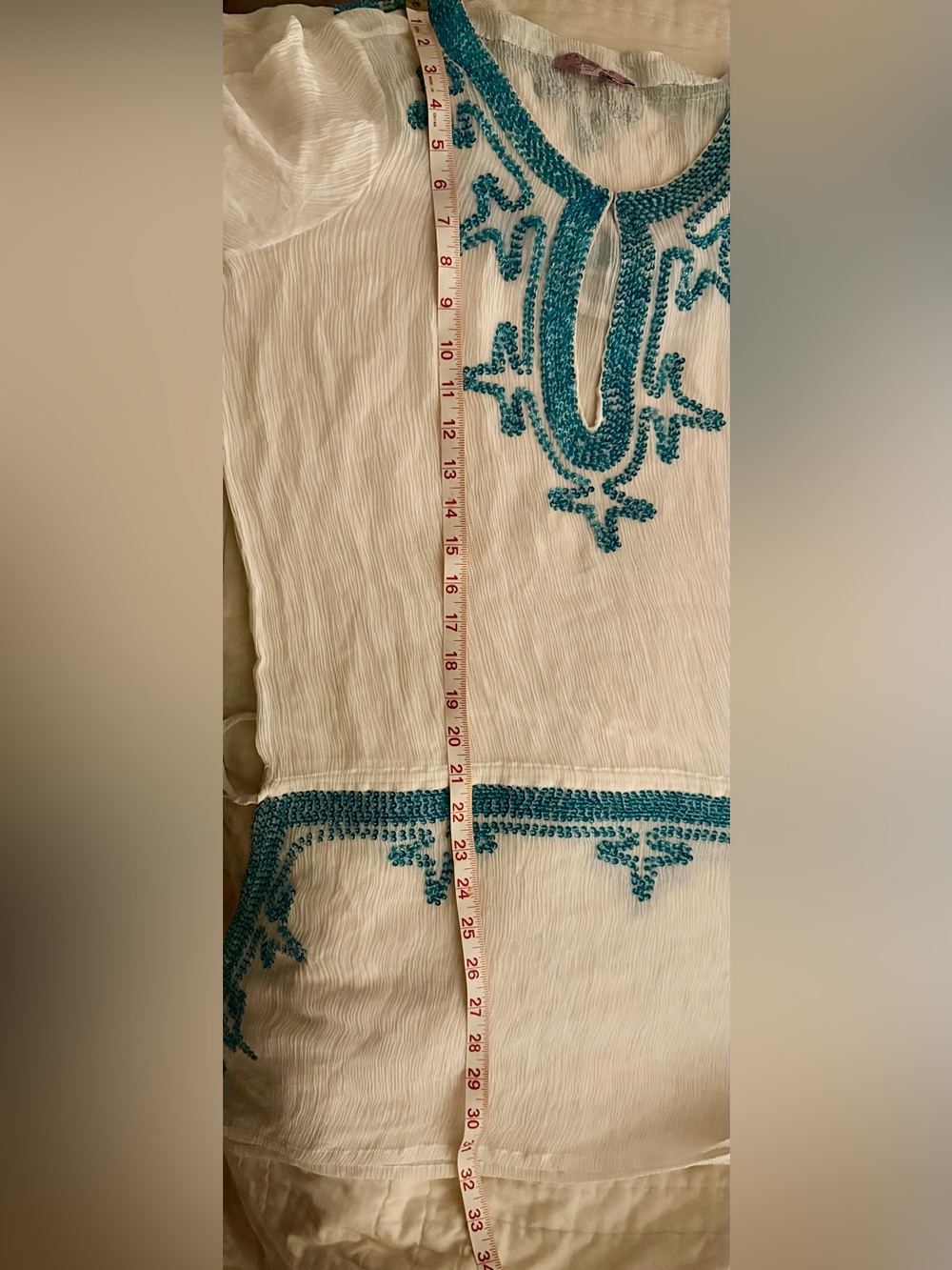 Calypso St. Barth 100% Silk White & Turquoise Sequined Beach Cover-Up Tunic - Picture 14 of 15